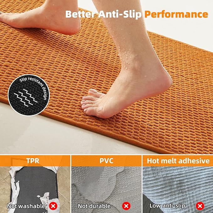 Bathroom Runner Rugs, Long Bath Mat Runner Washable Thin Quick Dry Low Pile Bathroom Runner Rugs Non Slip, Orange 16"x60"