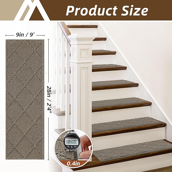 COSY HOMEER Stair Treads for Wooden Steps 9"x28" Washable Indoor Carpet Stair Treads Non Slip Soft Polyester Stair Carpet Tread Reusable Stair Runner Rugs for Kids, Elders,Pets,Light Brown,10pcs