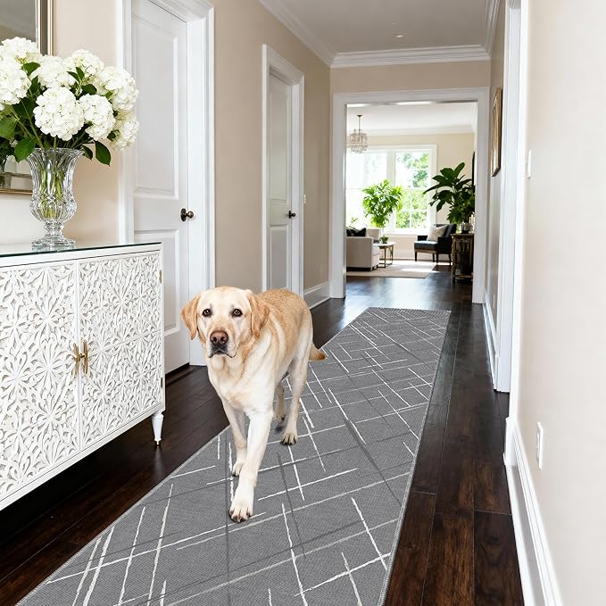 Gray Runner Rug Ultra Non-Slip 2x8 Washable Entryway Rug Modern Tear and Stain Resistance No Pile Hand-Woven Style Lightweight Runners for Hallways, Kitchen, Laundry Room, Bedside, Gray