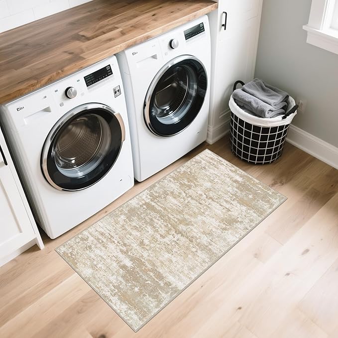 Runners for Hallways Non-Slip 2x4 Washable Kitchen Rug Abstract Tear and Stain Resistance No Pile Hand-Woven Style Lightweight Runners for Entryway, Laundry Room, Bedside, Beige/Yellow