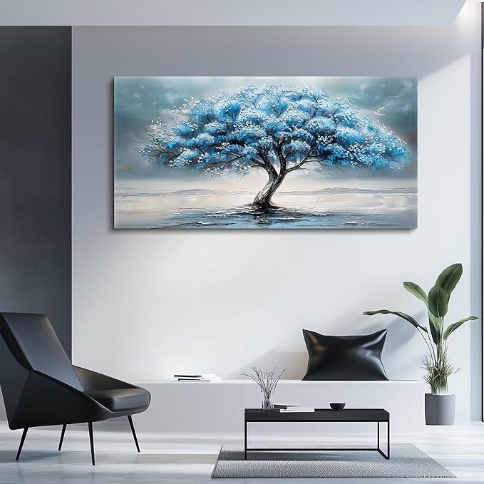 FUHAIHUA Farmhouse Wall Decor For Living Room Large Canvas Wall Art For Bedroom Office Decorations Blue Tree Paintings Abstract Wall Pictures Artworks Ready To Hang Home Decor Mural Art 24"X48"