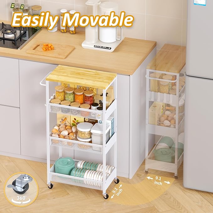 Slim Rolling Storage Cart, 4 Tier Metal Narrow Utility Cart with Handle and Wood Top, Multifunctional Small Mobile Shelf Unit Organizer Trolley for Laundry, Bathroom, Kitchen
