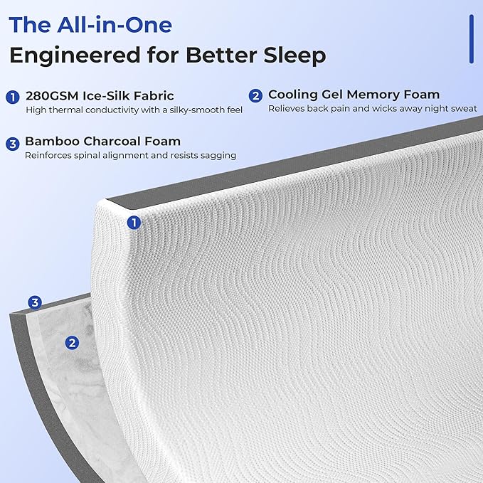 Cooling Mattress Topper King Size 4 Inch, Cooling Gel & Bamboo Charcoal Memory Foam Mattress Topper for Back Pain Relief, Firm Dual-Layer Foam Bed Pad with Removable Cover