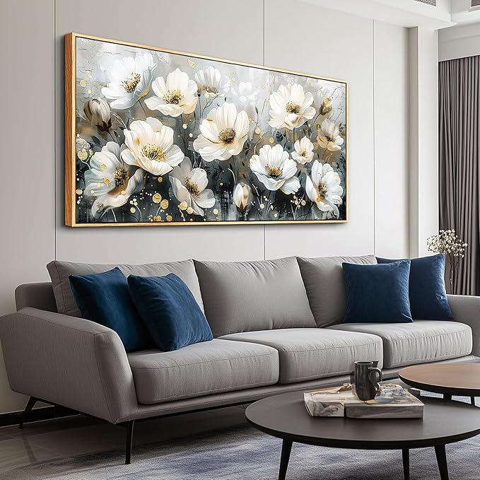 PHAOHUAXM Large Canvas Wall Decor For Living Room Wall Art For Bedroom Office Wall Decorations Print White Ink-Wash Flower-Shaped Wooden Frame Printed Artworks Posters Picture Home Decor 30"X60"