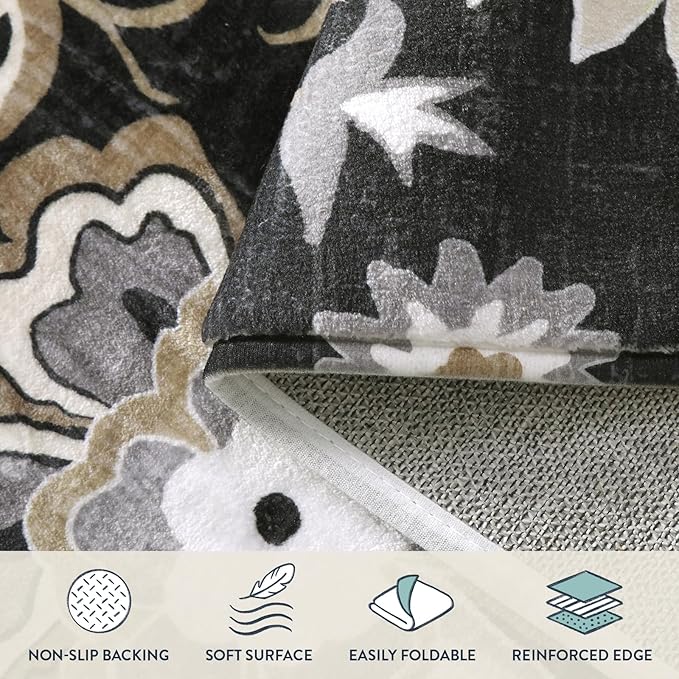 Lahome Floral Black Rug Runner - Runner Rug for Hallway 2x10 Non-Slip Stain Resistant Washable Runner Rugs for Kitchen Floor, Paisley Print Accent Ultra-Thin Carpet Runners for Bedroom Foyer Entryway