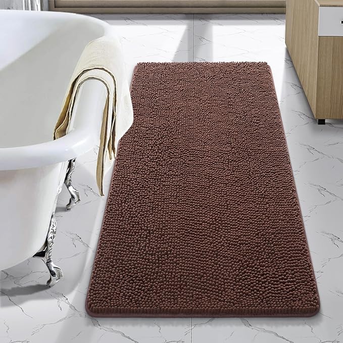 LOCHAS Luxury Bathroom Rug Shaggy Bath Mat 24 x 44 Inch, Washable Non Slip Bath Rugs for Bathroom Shower, Soft Plush Chenille Absorbent Carpets Mats, Brown