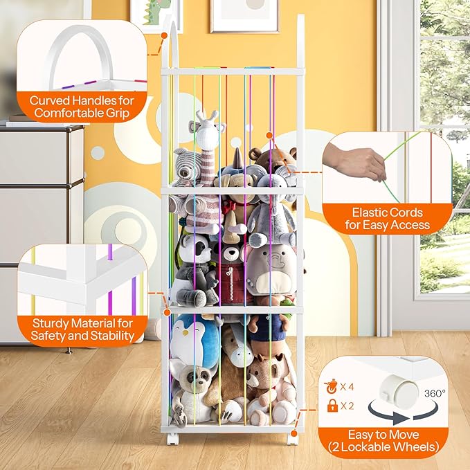 HOOBRO Stuffed Animal Storage, Kids Toy Zoo Storage Organizer with Wheels and Elastic Band, Large Stuffed Animals Holder for Nursery, Playroom, Living Room, White WT128CW01