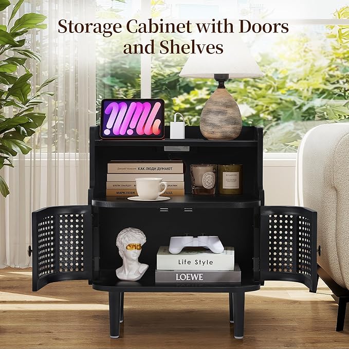 Metal Rattan End Table Set of 2 with Charging Station, Mid Century Modern Nightstand with 2 Doors, Bed Side Table with Storage for Couch,Living Room, Sofa Side Table for Office,Dorm - Black