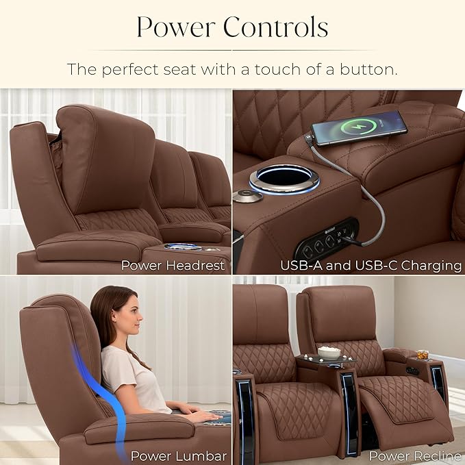 Seatcraft Apex Zero-Gravity CoolZero Italian Leather Home Theater Seating, Powered Headrest, Powered Lumbar, Powered Recline, Row of 3 Sofa, Tobacco
