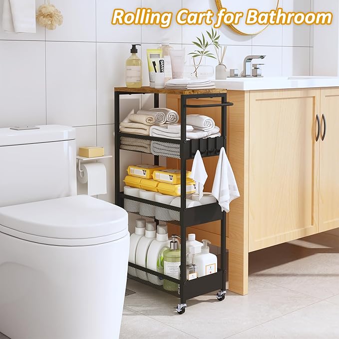 Slim Rolling Storage Cart, 4 Tier Metal Narrow Utility Cart with Handle and Wood Top, Multifunctional Small Mobile Shelf Unit Organizer Trolley for Laundry, Bathroom, Kitchen