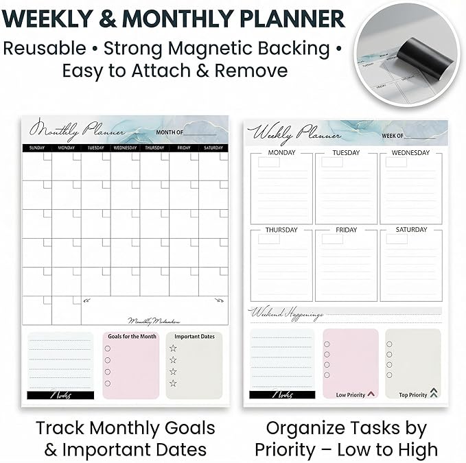 Small Whiteboard 12 x 16 Inch Magnetic Dry Erase Board with Handle | Gold Aluminum Frame | Double-Sided Planner Board with Weekly & Monthly Sheets | 3 Markers, Eraser & 2 Magnets