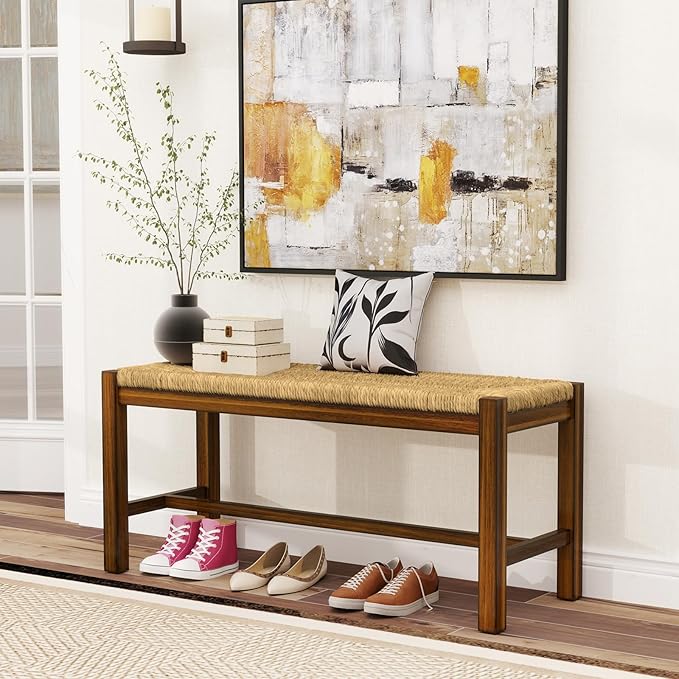 GOFLAME 40” Dining Bench Set of 2, Farmhouse Boho Entryway Bench with Woven Seagrass Seat, End of Bed Bench with Rubber Wood Frame, Accent Indoor Bench for Bedroom, Dining Room, Living Room, Hallway