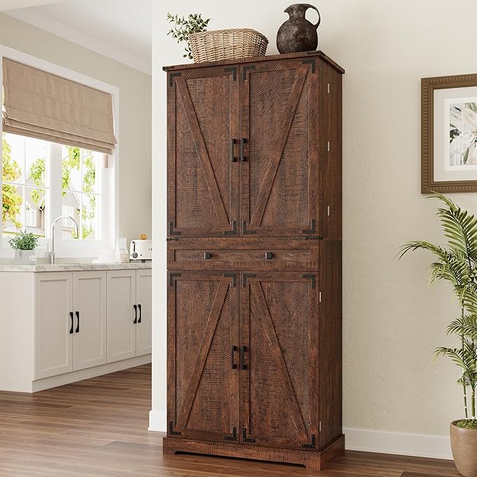 ELYKEN 72" Tall Kitchen Pantry Cabinet, Rustic Brown Farmhouse Pantry with Large Food Storage for Kitchen Dining Room Living Room