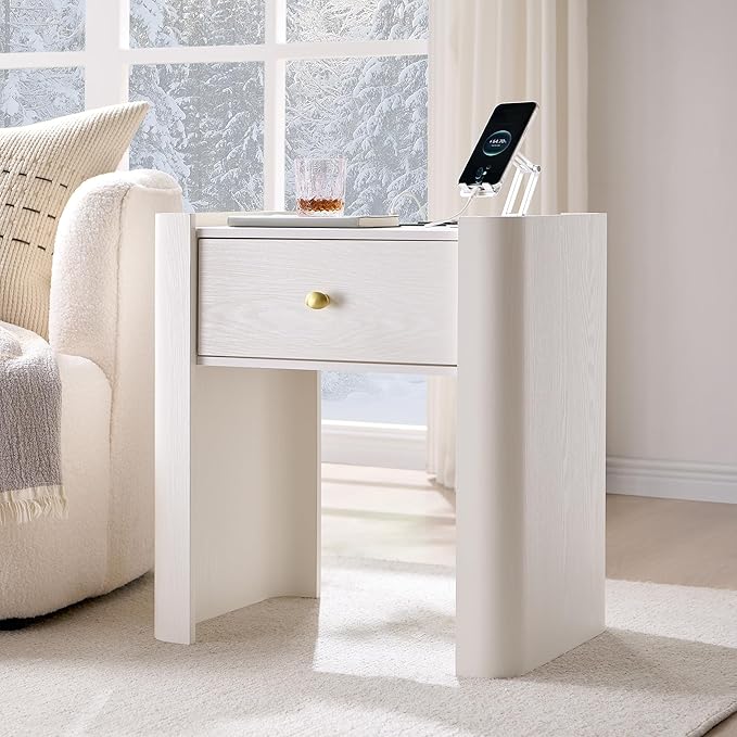 23.6" Tall Modern Nightstand with Charging Station, 22" Wide Curved Bedside Table with 1 Storage Drawer, Wooden Night Stand, Large End Table for Bedroom, Living Room, White