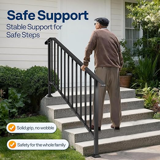 VIVOHOME 2-Pack 6 Step Galvanized Steel Hand Rails for Outdoor Steps – Curved Ends and Safety Balusters Exterior Railing for Porch, Deck, or Indoor Stairs, Complete Installation Kit