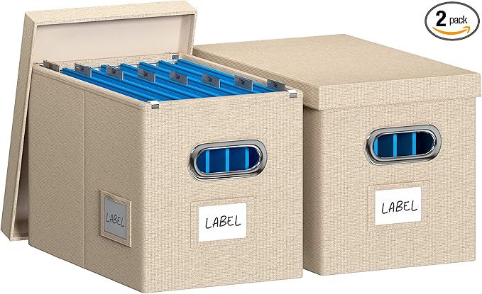 Hanging File Box with Lid, Set of 2 Filing Organizer Storage Box, Linen Collapsible Decorative Office/Home File Cabinet (14x9.3x10.9 inch) (Beige)