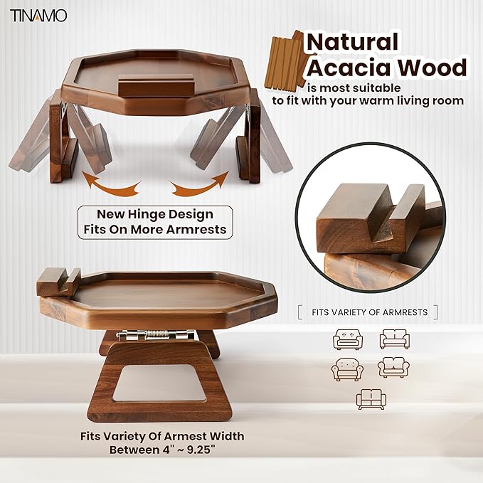 Tinamo Octagonal Acacia Sofa Arm Tray, Couch Armrest Table with Folding Arms - Armchair Caddy, Clip on Tray with Adjustable Arm Hinges for Home Sofa Living Room (Acacia, Octagon Phone Holder)
