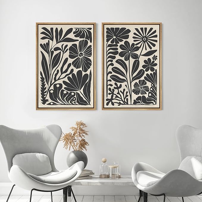 MUDECOR Framed Canvas Wall Art Abstract Floral Botanical Prints Minimalist Modern Art Boho Wall Decor for Bedroom - 16"x24"x2 Natural