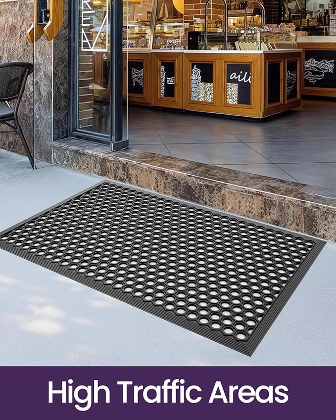 DEXI Front Door Mat 24x36, Non Slip Rubber Doormat Outside Entrance, Heavy Duty Waterproof Drainage Entry Mats, Low Profile Dirt Trapper for Patio Entryway, Black