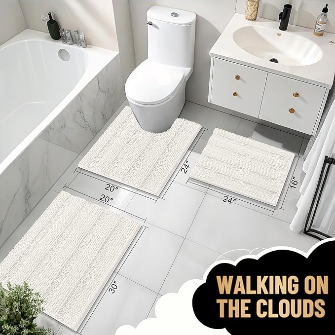 OLANLY Thick Bathroom Rugs 44x24, Extra Soft Absorbent Chenille Striped Bath Rugs, Rubber Backing, Machine Wash Dry, Bath Mats for Bathroom Floor, Tub and Shower, Home Decor Accessories, Ivory