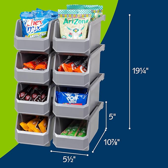 Plastic Containers for Organizing and Storage Bins for Closet, Kitchen, Office, Garage or Pantry Organization, Stackable Bins, Medium (11" x 5" x 5.5"), 8-Pack, Grey