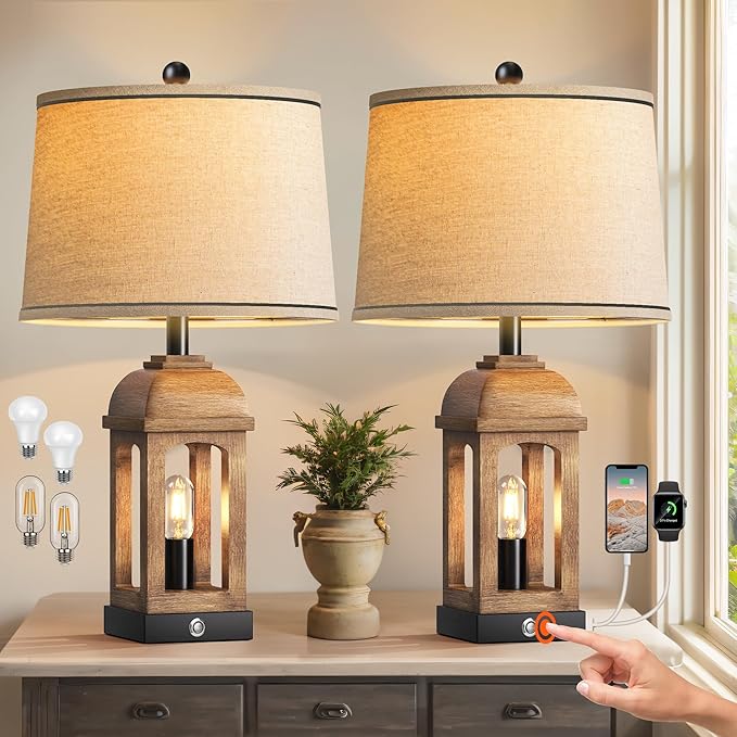 QiMH Table Lamp for Living Room, Farmhouse Lamps Set of 2 with USB A+C and Nightlight, 26" Rustic Bedside Lamps with 3-Way Dimmable Touch Control, Nightstand Lamp for Bedroom Decor, Wood Grain
