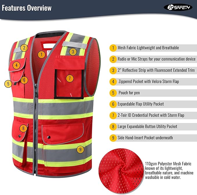 JKSafety 11 Pockets Hi-Vis Black Mesh Safety Vest for Men Women High Visibility Reflective Construction with Zipper Work Utility PPE Work Gear ANSI/ISEA compliant (102-Red XL)