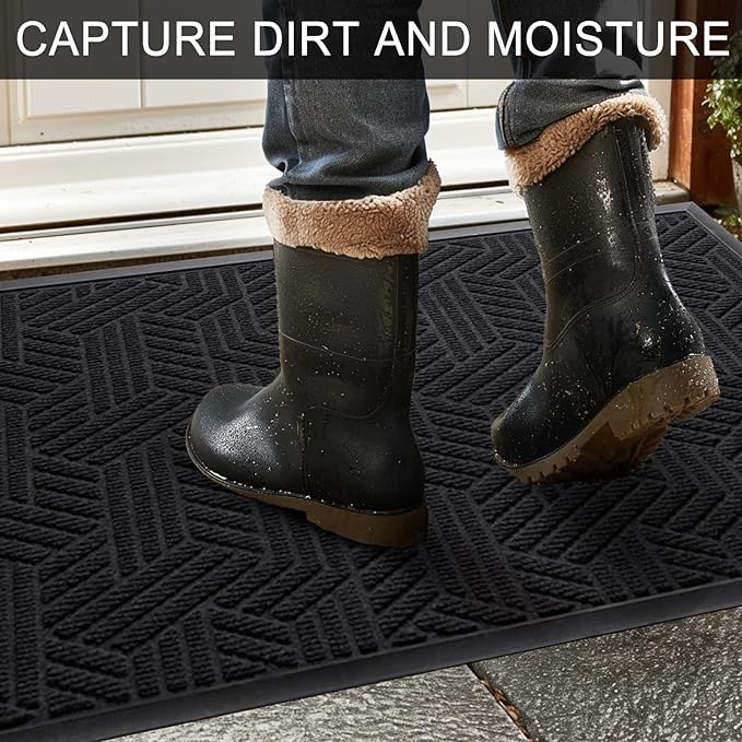 Front Door Mat 29.5"x17" Indoors Outdoors Welcome Mats, Waterproof Non-Slip Rubber Backing Heavy Duty Doormat Outside Entrance, Low Profile Entryway Rugs Floor Mat for Patio, Pattern B Black