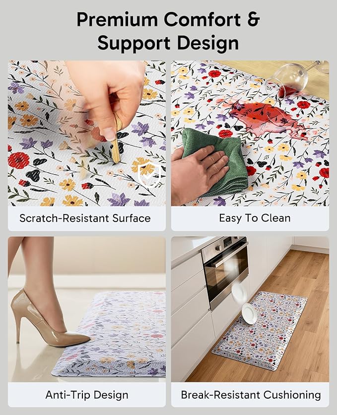 Ophanie Kitchen Mats for Floor, 3/4 inch Thick, 20x48 Anti Fatigue Cushioned Mat, Kitchen Rugs, Waterproof, Comfort Ergonomic Standing Mat for Office, Home, Sink, White Flower Non-Slip Ridged Bottom