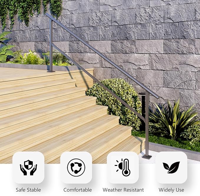 DIYHD 8 Step Handrail for Outdoor,Powder Coated Iron Stair Railing,Black Hand Rails for Indoor, Porch,Deck,1 Pack
