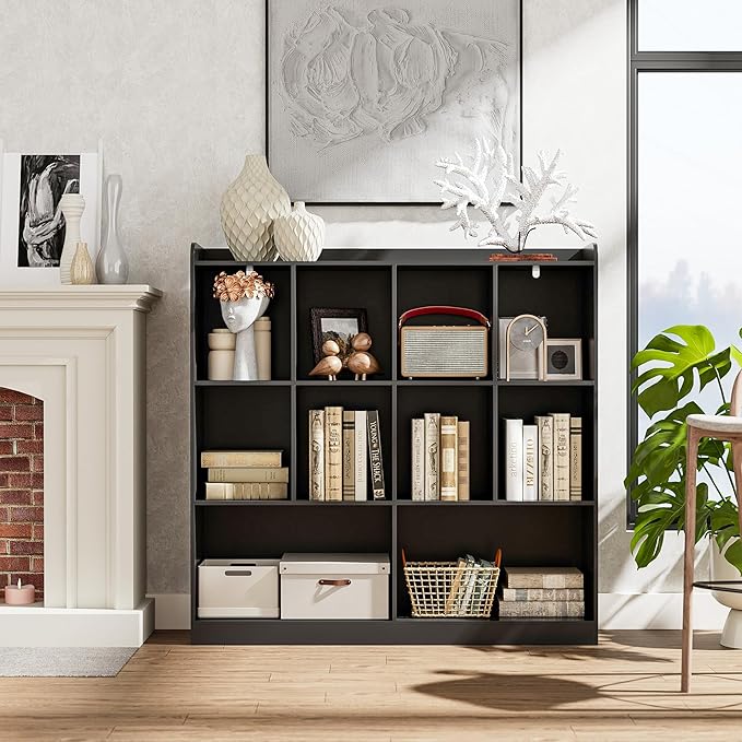 Cozy Castle Bookshelf, 3-Tier Open Bookshelf, 10 Cube Horizontal Bookcase, Storage Organizer with Anti-Tilt Device, Wood Bookcase for Home Office, Bedroom, Living Room, Black