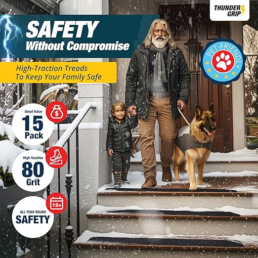 Outdoor Stair Treads Non Slip 24" x 4" - 15-Pack Weather Resistant Exterior Grip Tape for Wooden Steps - Anti Skid Strips - Waterproof 80-Grit Adhesive Treads