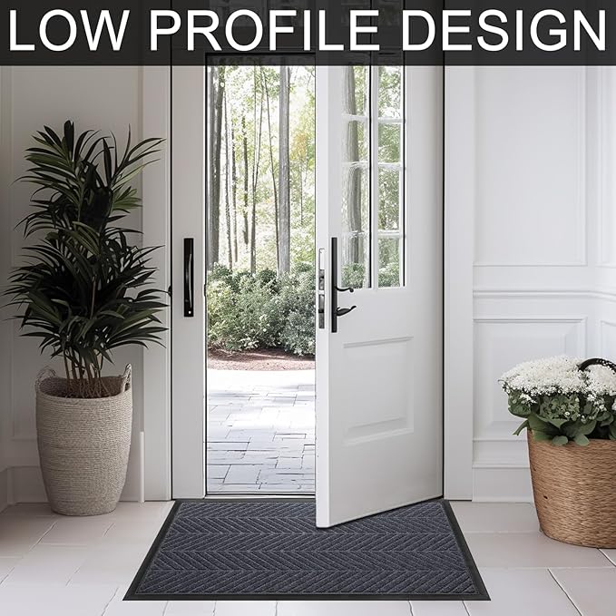 Front Door Mat 36"x24" Indoors Outdoors Welcome Mats, Waterproof Non-Slip Rubber Backing Heavy Duty Doormat Outside Entrance, Low Profile Entryway Rugs Floor Mat for Patio, Pattern A Grey