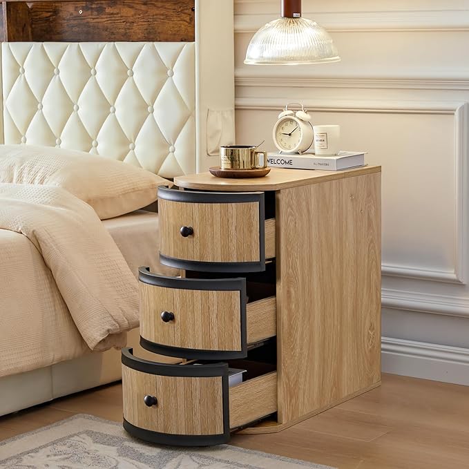 End Table with Charging Station for Couch,Mid-Century Modern Narrow Sofa Side Table with Drawer for Living Room,Small Bed Side Table for Bedroom (Natural, MCM)