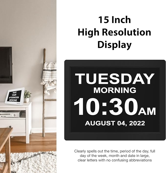 American Lifetime New 2025 Dementia Clock Large Digital Clock for Seniors, Alzeimer Clock Large Display with Custom Alarms, Clock with Day & Date for Elderly, Digital Calendar Mahogany, 15 Inch