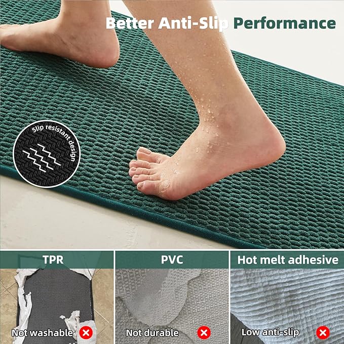 Bathroom Runner Rugs, Long Bath Mat Runner Washable Thin Quick Dry Low Pile Bathroom Runner Rugs Non Slip, Dark Green 16"x60"