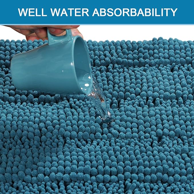 H.VERSAILTEX Bath Rugs for Bathroom Non Slip Bath Mats Extra Thick Chenille Striped Rug 20" x 32" Absorbent Non Skid Fluffy Soft Shaggy Washable Plush Mat for Indoor, Bath Room, Tub - Turquoise Blue