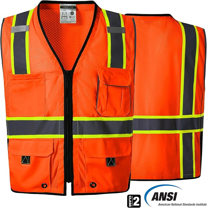 SKSAFETY Professional Class 2 High Visibility Safety Vest With Zipper - 10 Pockets, Reflective Strips, ANSI/ISEA Standard, Construction Work (Orange, L)
