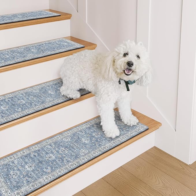 OJIA Non-Slip Stair Treads - 30"x8" Washable Carpet Stair Treads with Slip Resistant Rubber Backing for Kids, Elders and Dogs, 4PCS, Blue
