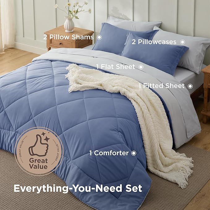 Bedsure Full Size Comforter Set - 7 Pieces Reversible Infinity Blue Bedding, Full Size Bed Set for All Seasons, Bed in a Bag with Down Alternative Comforter, Sheets, Pillowcases & Shams
