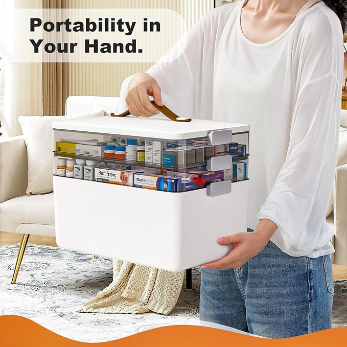 funest 3 Tier Medicine Storage Box Organizer Portable First Aid kit Box Empty with Handle, Multipurpose Medical Supply Organizer with Removable Tray, White