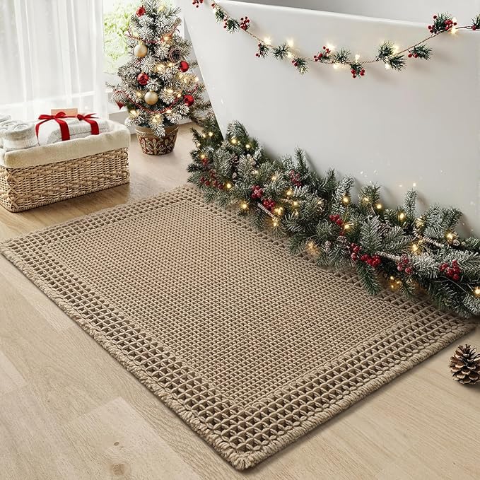 RESARE Waffle Bath Mat for Bathroom, Super Absorbent Bathroom Rugs Non Slip Machine Washable, Ultra Soft Quick Dry Boho Bath Rugs with Tassels for Floor, Upgraded Bordered Design, 24"x36" Brown