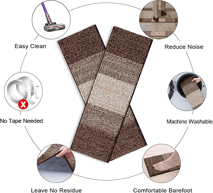 OLANLY Stair Treads Non Slip 15PCS, 8" x 30" Indoor Stair Runners for Wooden Steps, Edging Stair Rugs with Reusable Peel and Stick Adhesive for Kids Elders and Pets, Brown