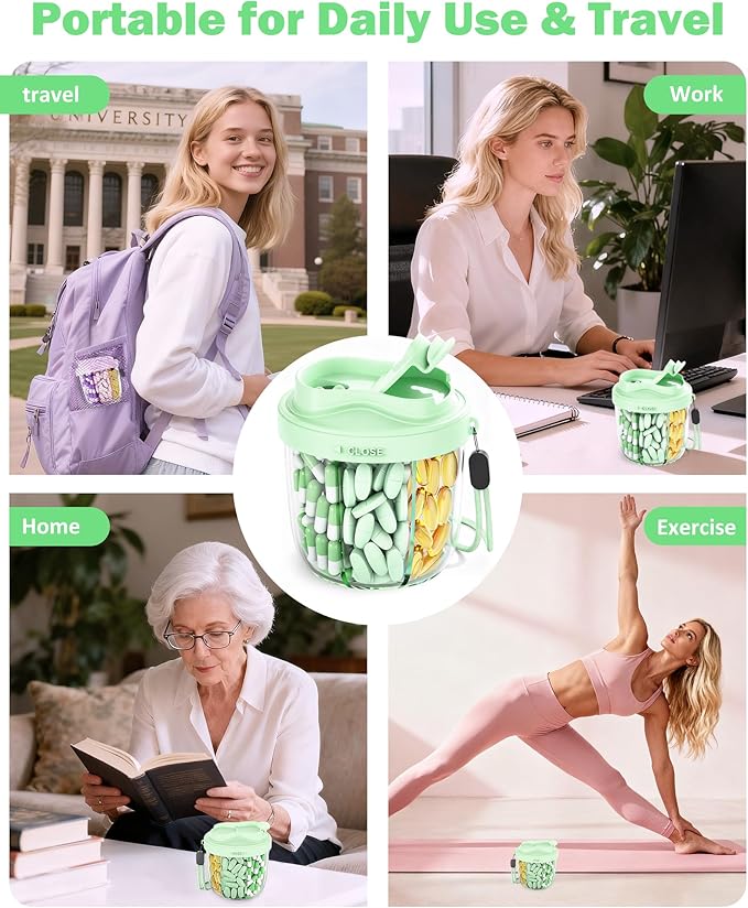 Cute Pill Organizer,Pill Dispenser with 7 Large Compartments,Portable Pill Bottle Box with Wide Opening for Easy Use, Anti-Mix Pills Organizer for Travel,Includes 20 Pcs Sticky Labels（Green）