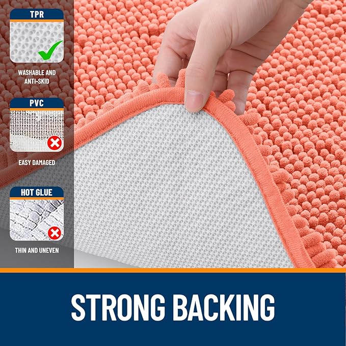 OLANLY Bathroom Rugs Sets 3 Piece, Soft Absorbent Chenille Bath Mats and U-Shaped Contour Toilet Rug, Quick Dry, Home Decor Accessories, Bath Mat Set for Bathroom (30"x20"+24"x16"+24"x20", Coral)