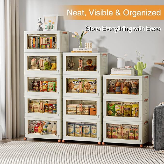 VECELO 240 QT Stackable Storage Bins with Wheels, Magnetic Dual Opening Doors & Transparent Panels, Plastic Foldable Storage Containers for Living Room, Bedroom, Kitchen, Office