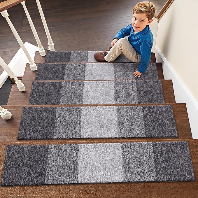 OLANLY Stair Treads Non Slip 4PCS, 8" x 30" Indoor Stair Runners for Wooden Steps, Edging Stair Rugs with Reusable Peel and Stick Adhesive for Kids Elders and Pets, Grey