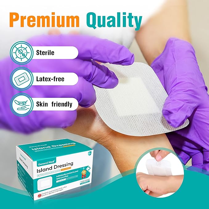 General Medi Sterile Island Dressing Bordered Gauze – 100 Count, 2.4" x 2.75" Gauze Pads, Wound Care Pad with Adhesive Border - Sterile, Soft & Highly Absorbent Medical Grade Dressing Pad