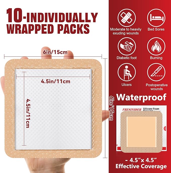 FRESINIDER Large Sacrum Silicone Foam Dressing 6" x 6", 10 Pack – Super Absorbent Silicone Border Dressing for Bed Sores, Sacral Pressure Ulcers & Post-Surgery Care – Waterproof, Breathable & Gentle