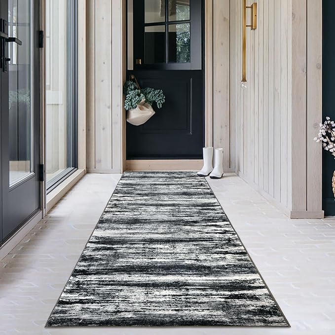 KOZYFLY Modern Abstract Hallway Runner Rug, 2.6x8 Washable Rug Runner Non-Slip Soft Striped Kitchen Runner Rugs, Black Navy Blue Grey Carpet Runner for Entryway Bathroom Laundry Room Foyer